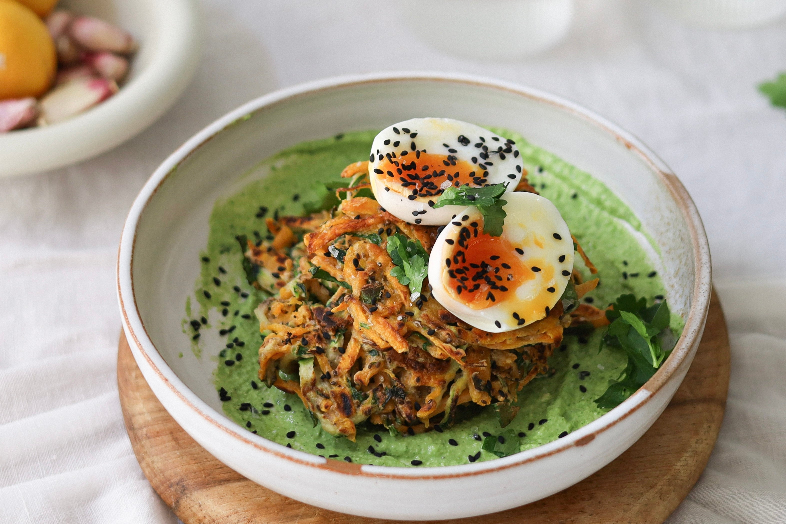 Butternut & Zucchini Fritters with Herby Cashew Cream